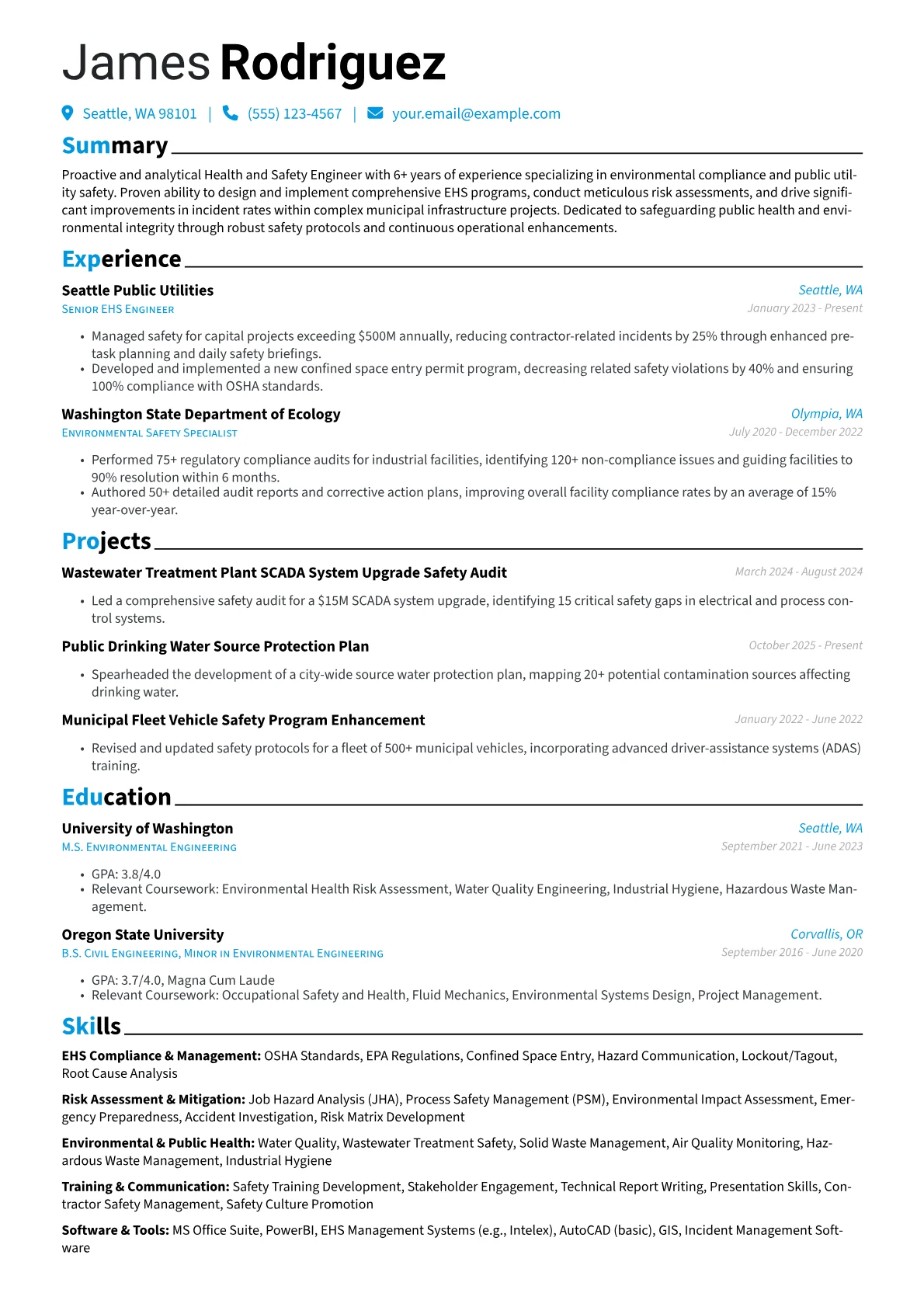 Health and Safety Engineer resume example, EHS Compliance, page 1