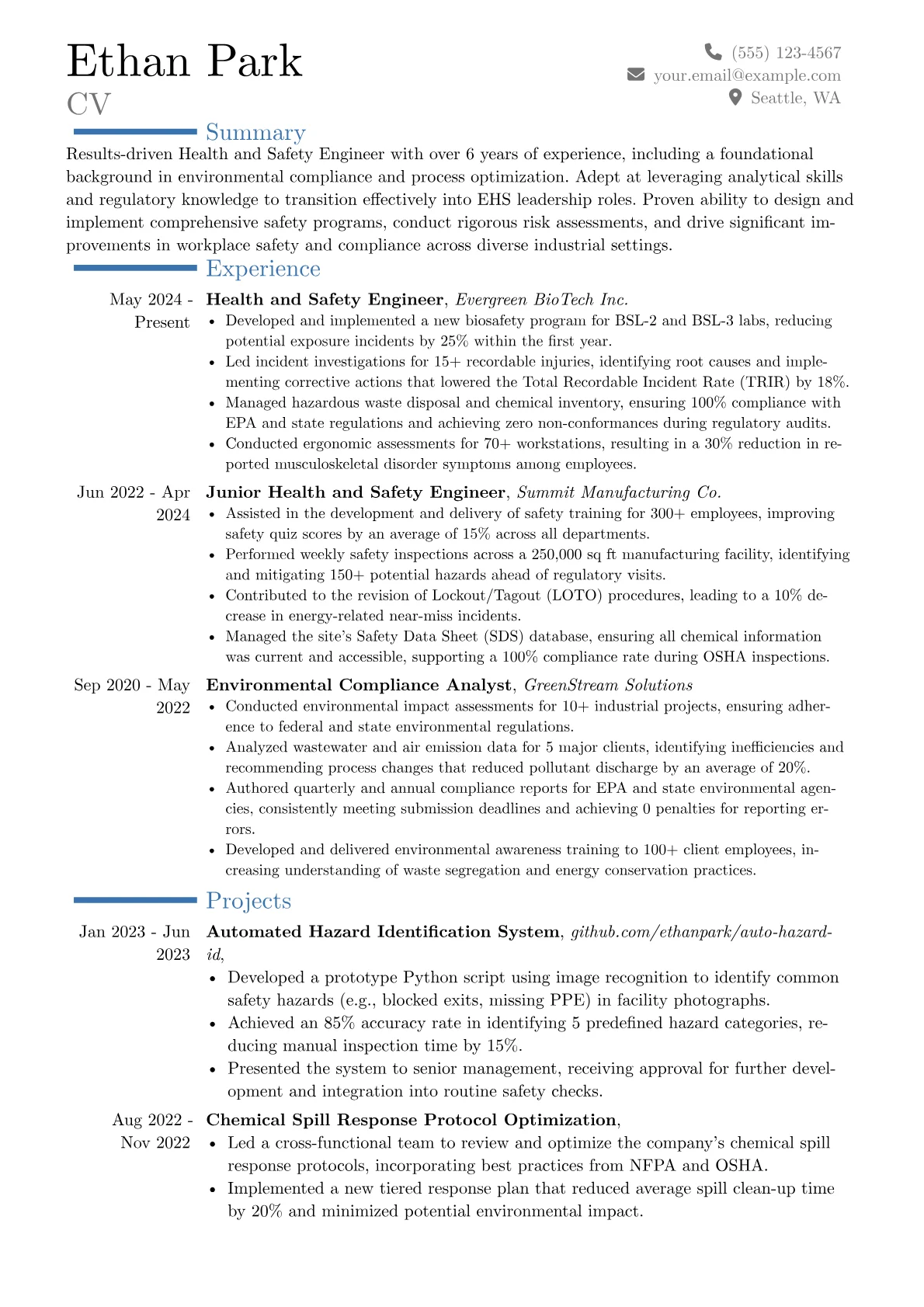 Health and Safety Engineer resume example, Career changer, page 1