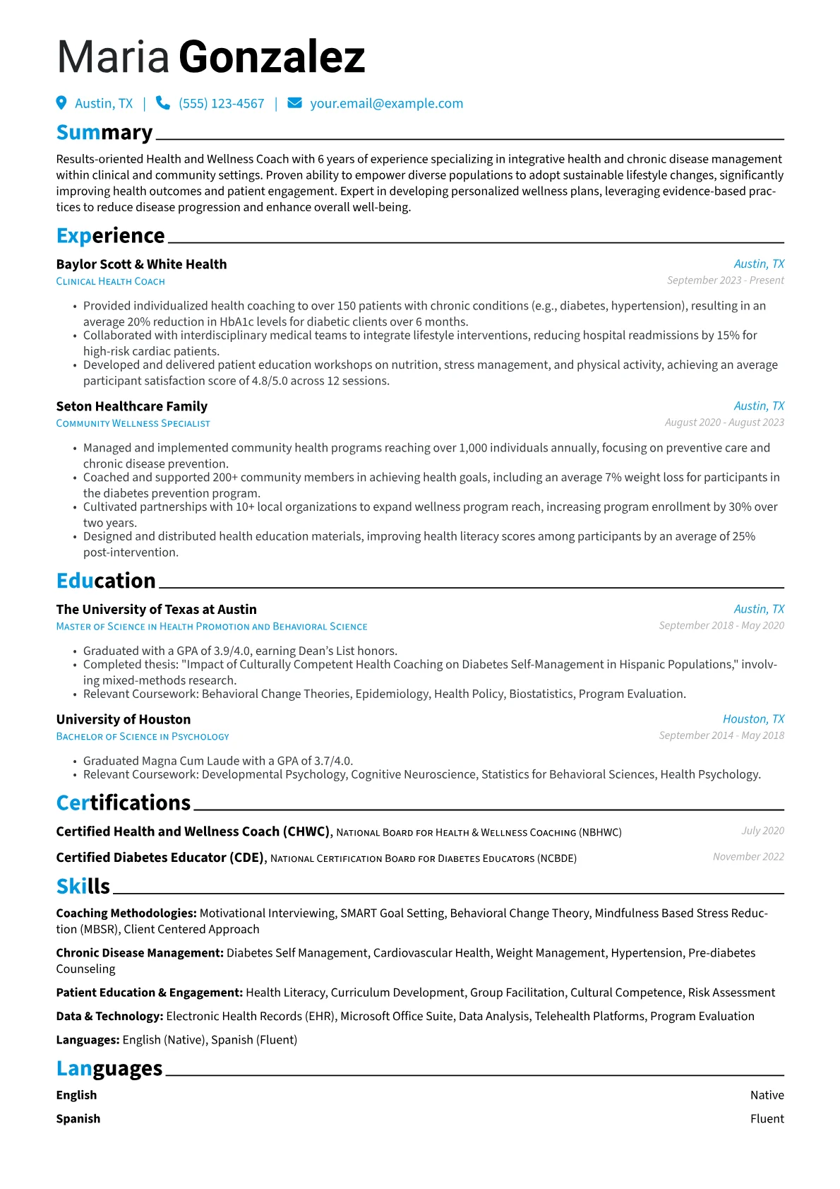 Health and Wellness Coach resume example, Coaching Methodologies, page 1