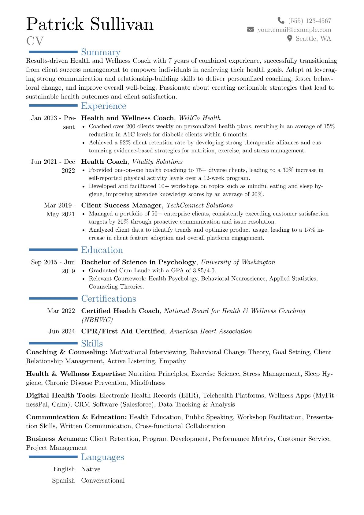 Health and Wellness Coach resume example, Career changer, page 1