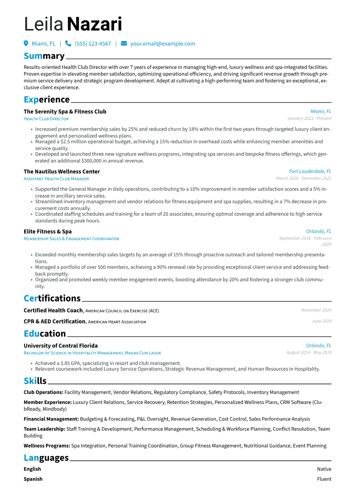 Health Club Manager resume example, Luxury Health Club, page 1