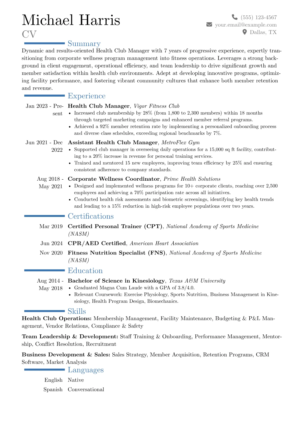 Health Club Manager resume example, Career changer, page 1
