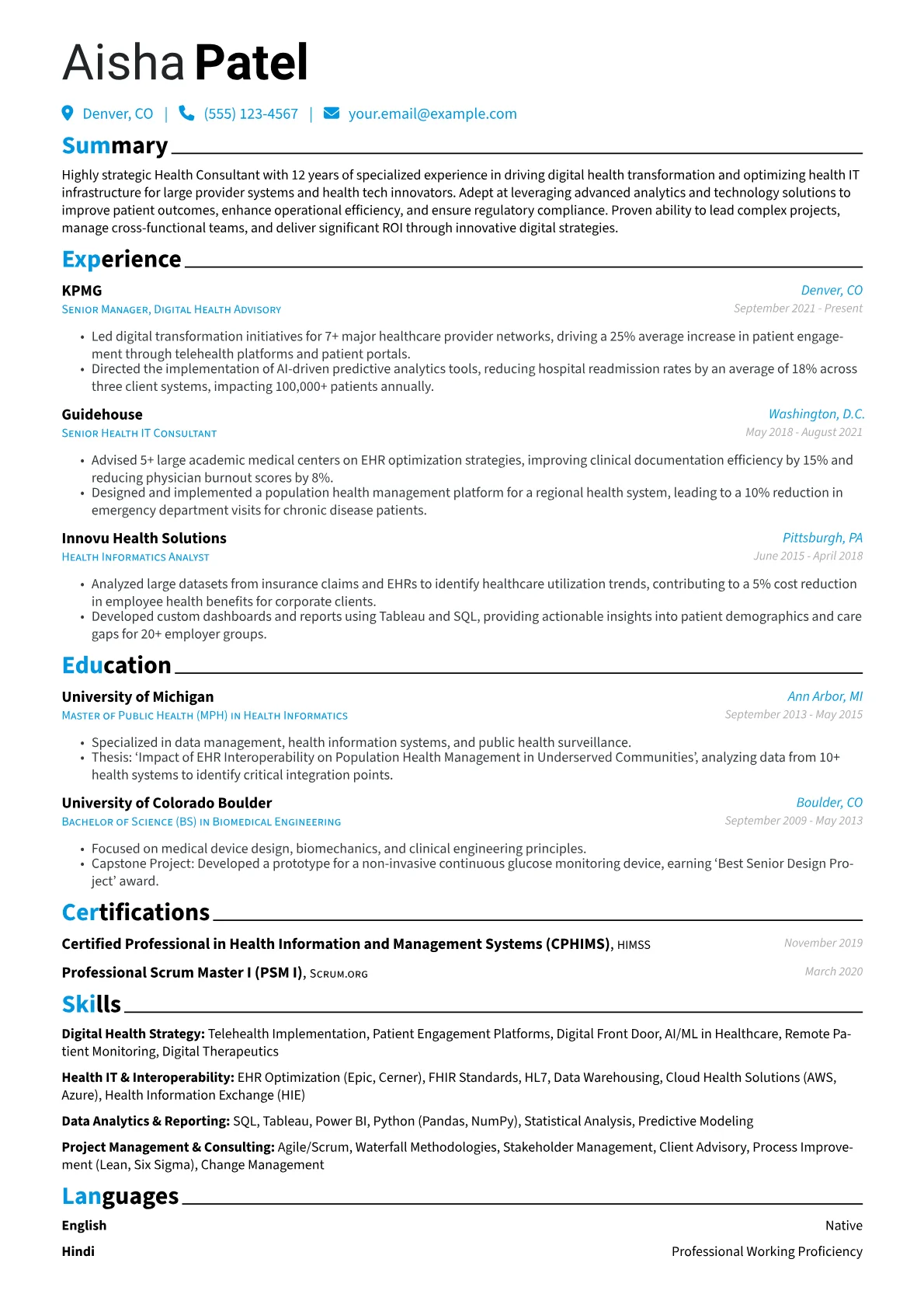 Health Consultant resume example, Digital Health, page 1