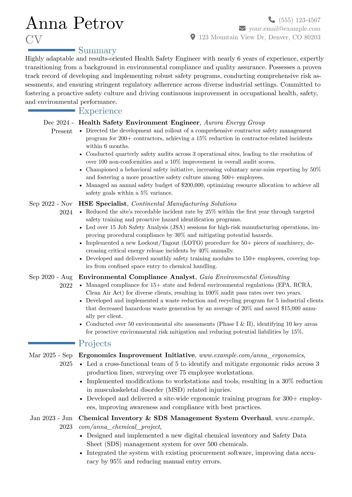 Health Safety Engineer resume example, Career changer, page 1