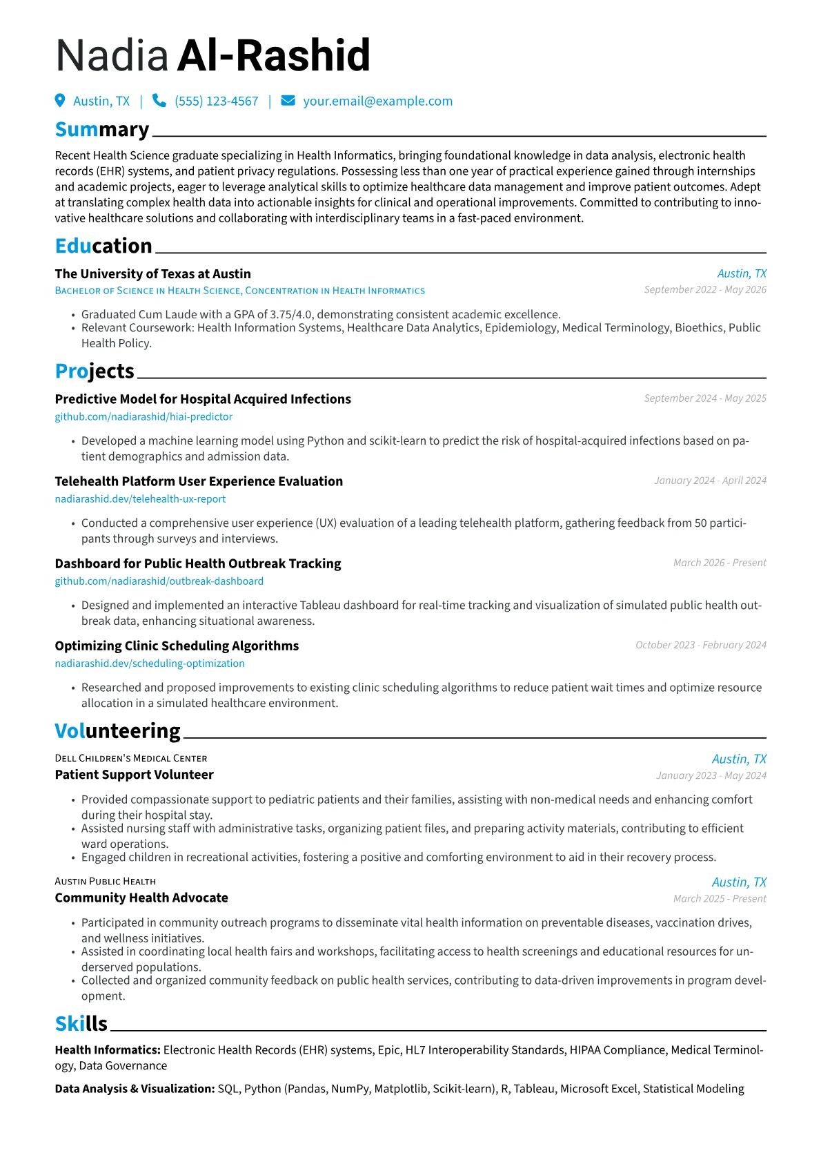 Health Science resume example, Health Informatics, page 1