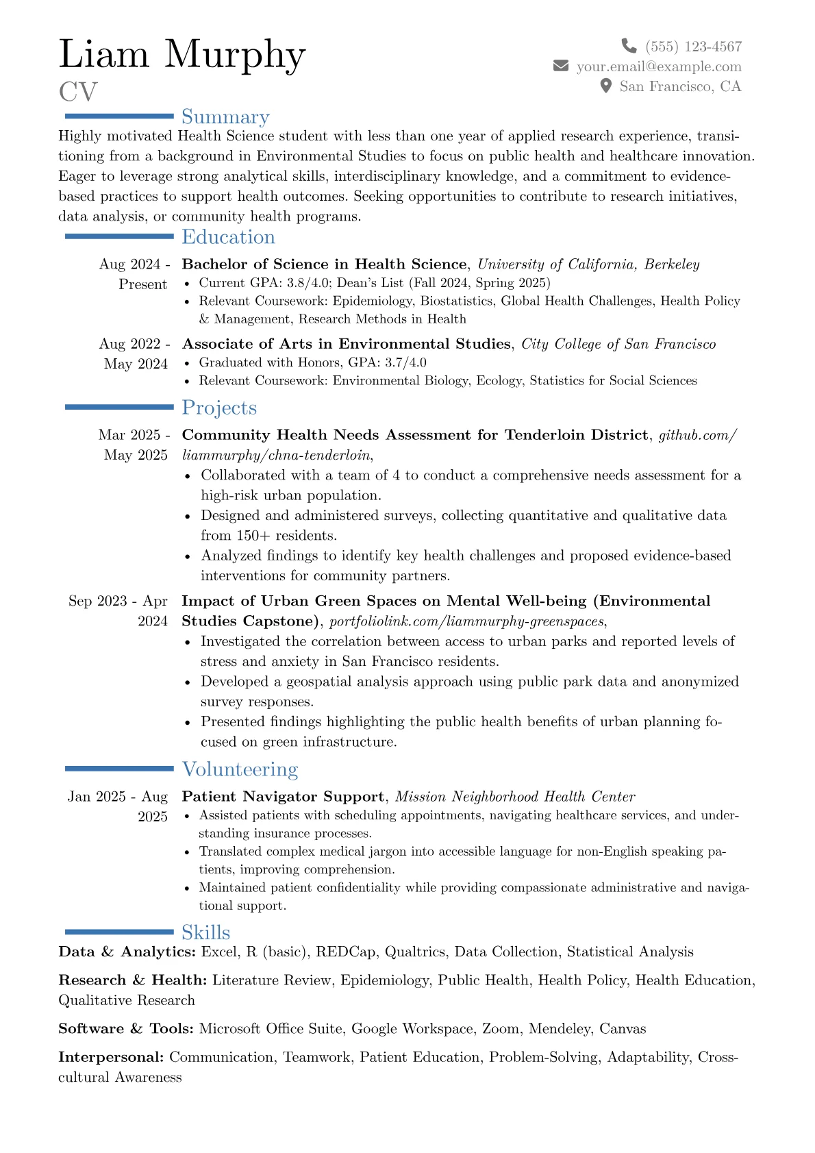 Health Science resume example, Career changer, page 1