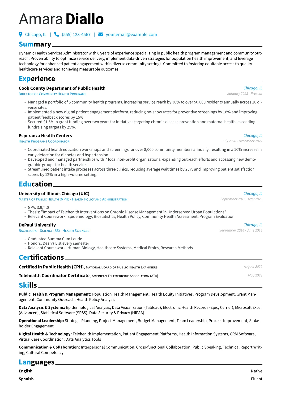 Health Services Administrator resume example, Public & Community Health, page 1