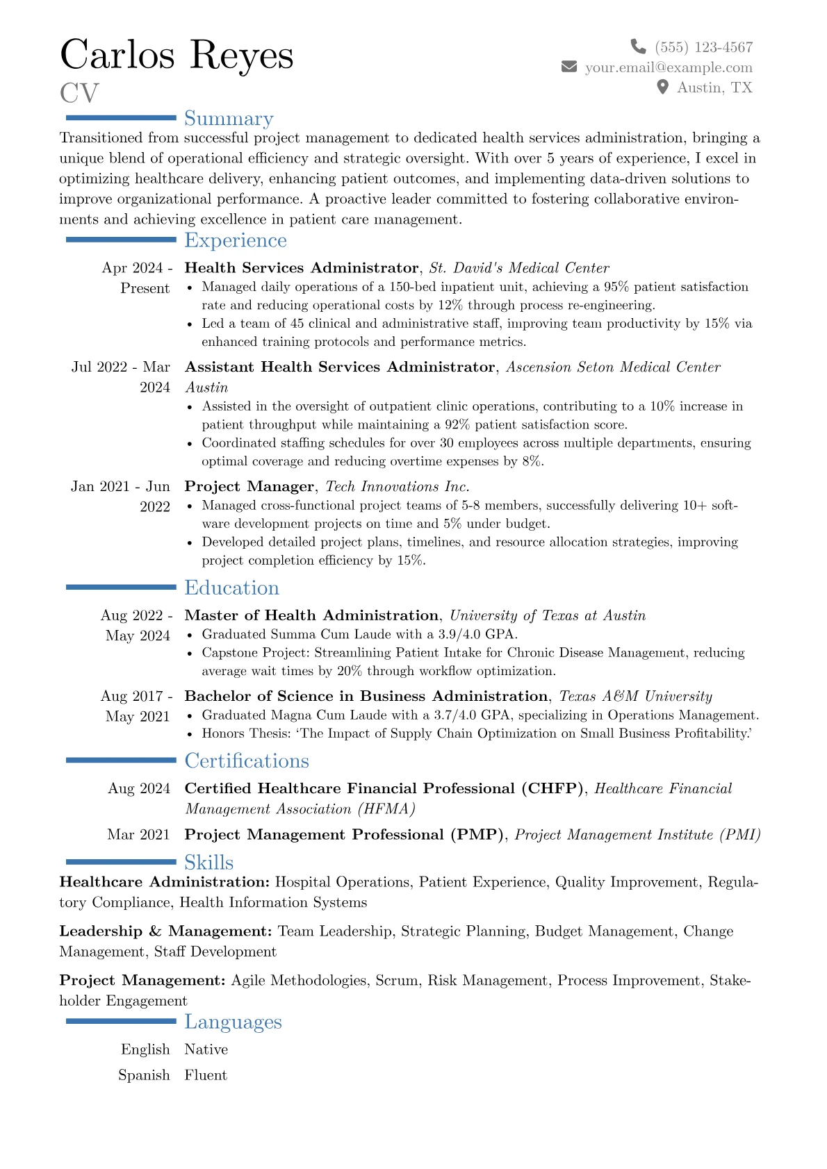 Health Services Administrator resume example, Career changer, page 1