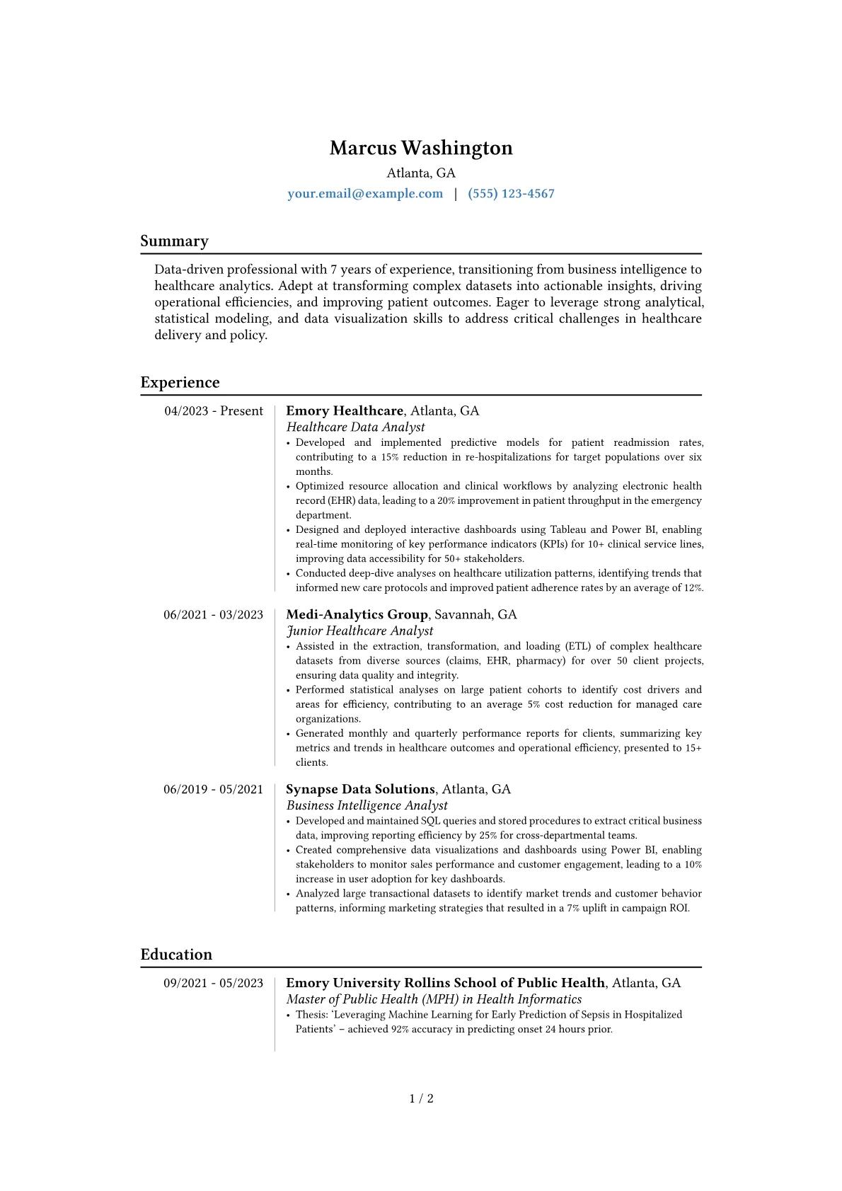 Healthcare Analyst resume example, Career changer, page 1