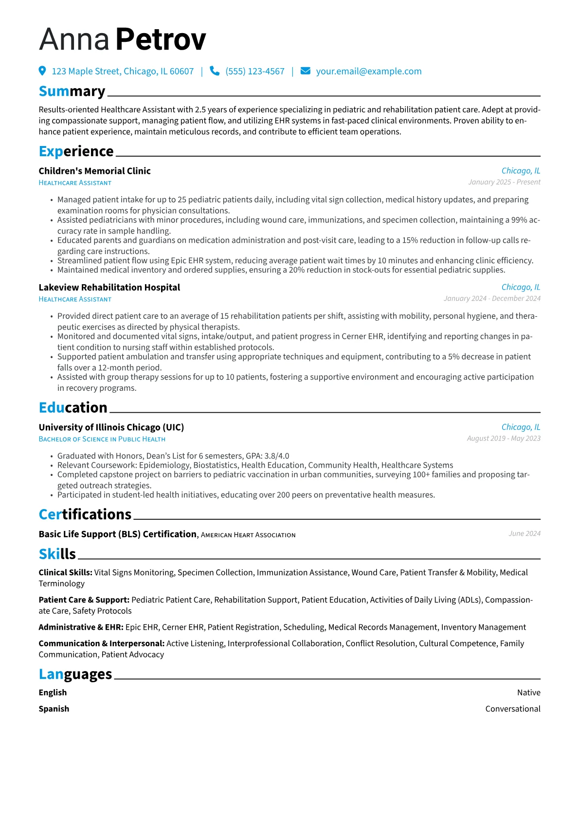 Healthcare Assistant resume example, Pediatric, page 1