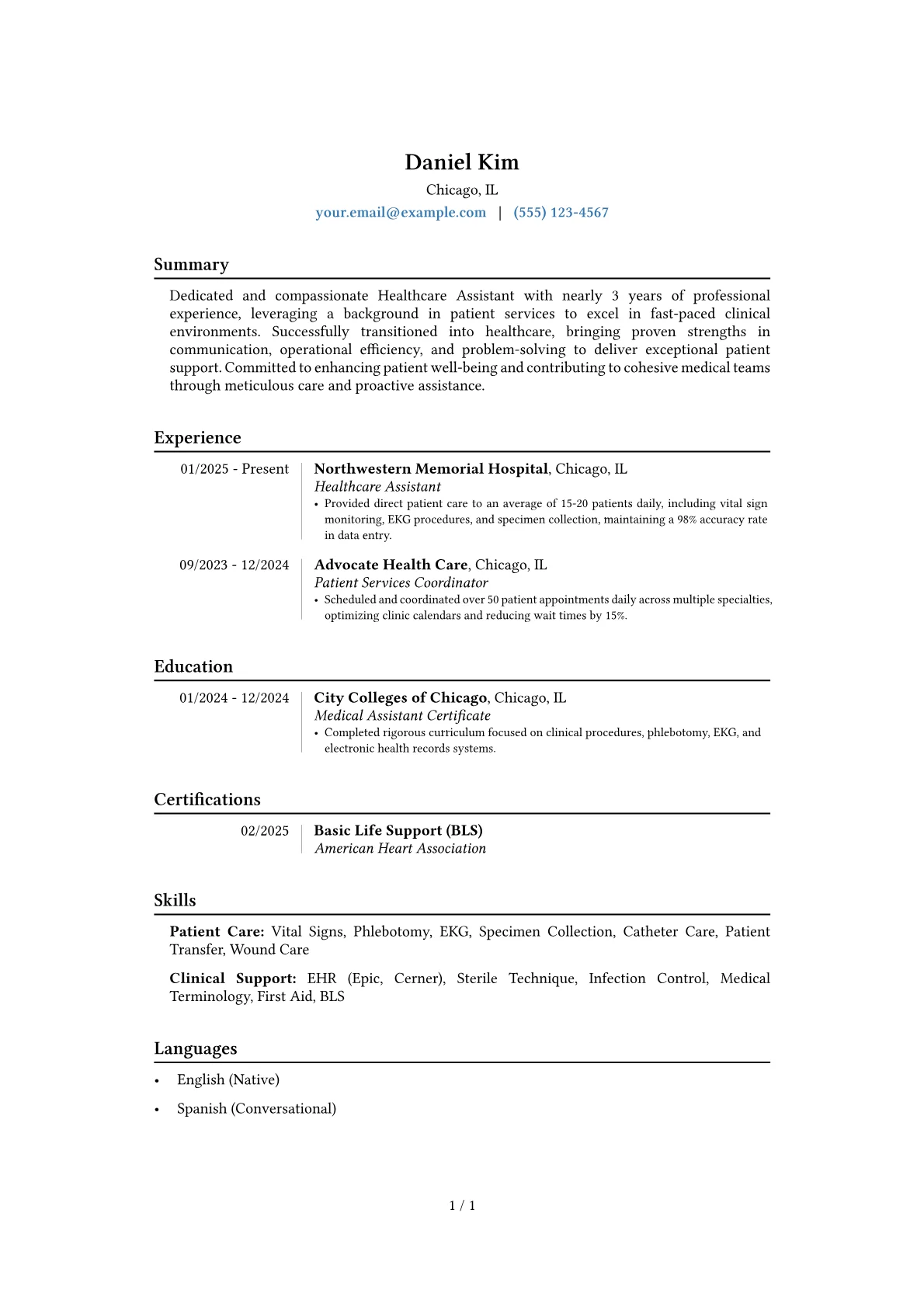 Healthcare Assistant resume example, Career changer, page 1