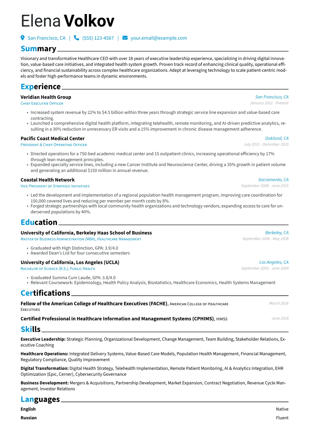 Healthcare CEO resume example, Digital Health, page 1