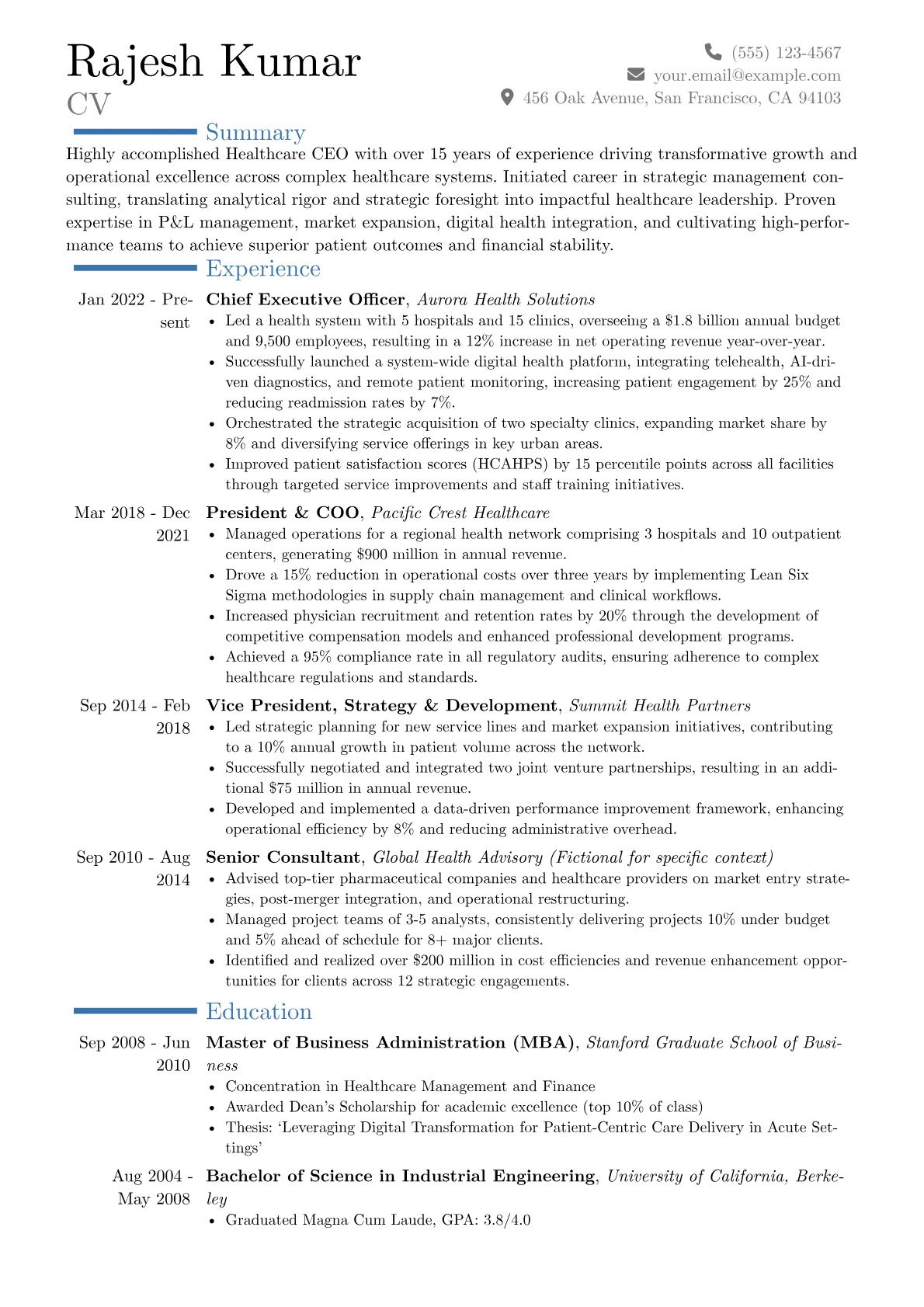 Healthcare CEO resume example, Career changer, page 1
