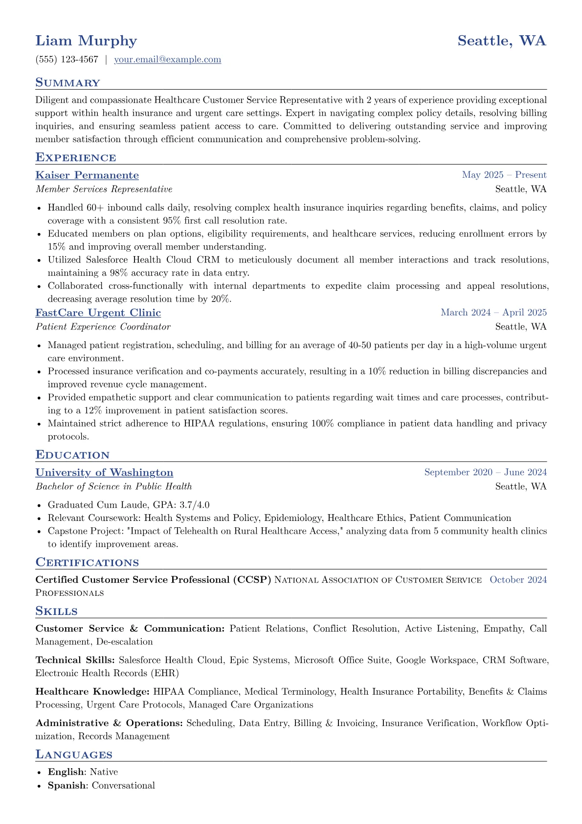 Healthcare Customer Service Representative resume example, Healthcare Customer, page 1