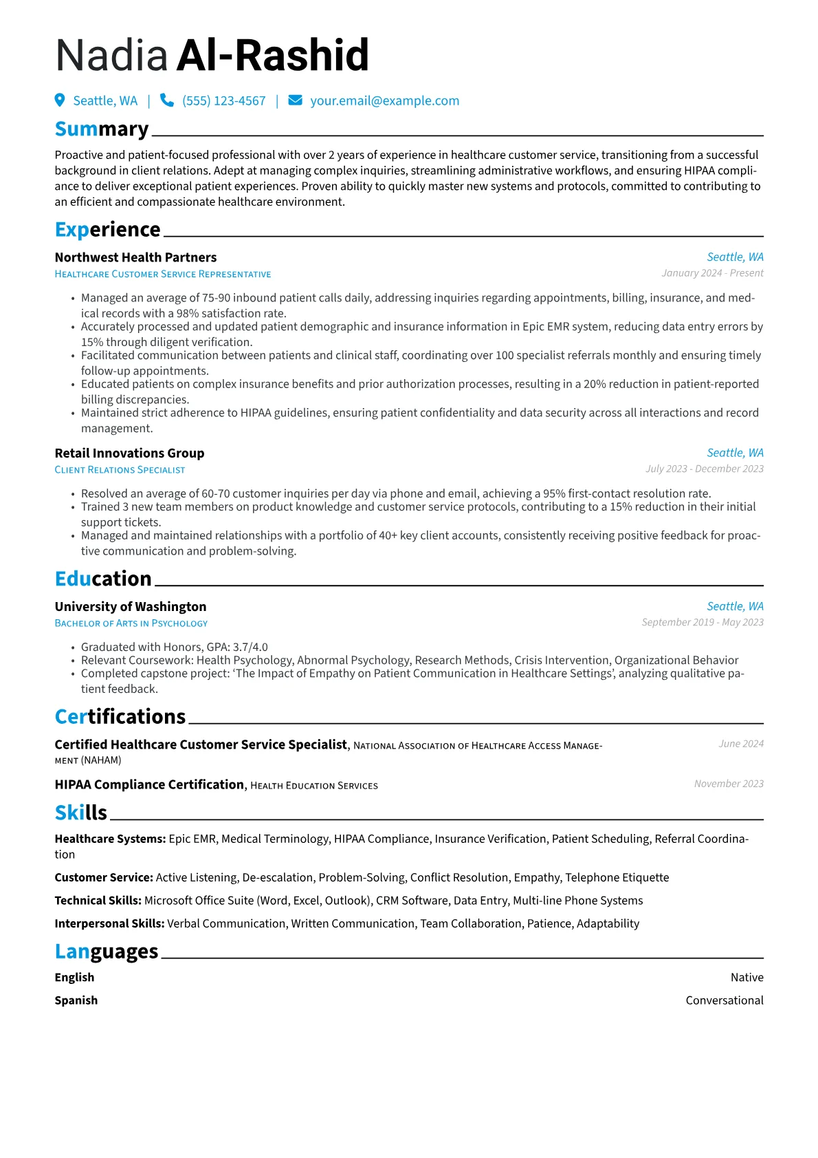 Healthcare Customer Service Representative resume example, Career changer, page 1