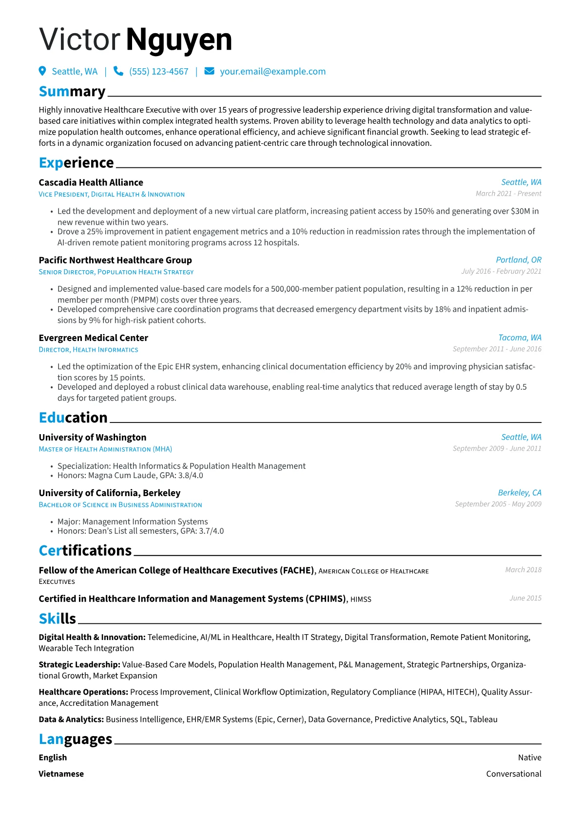 Healthcare Executive resume example, Healthcare Executive, page 1