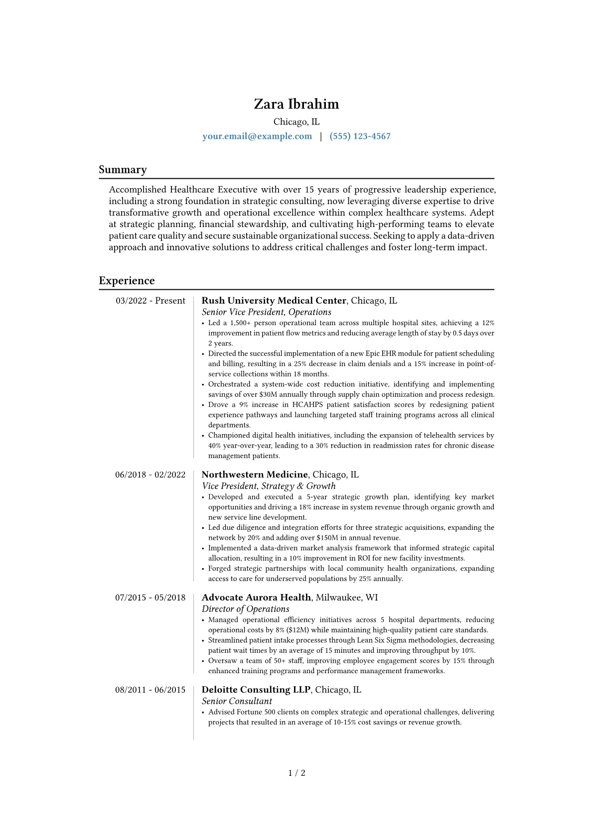 Healthcare Executive resume example, Career changer, page 1