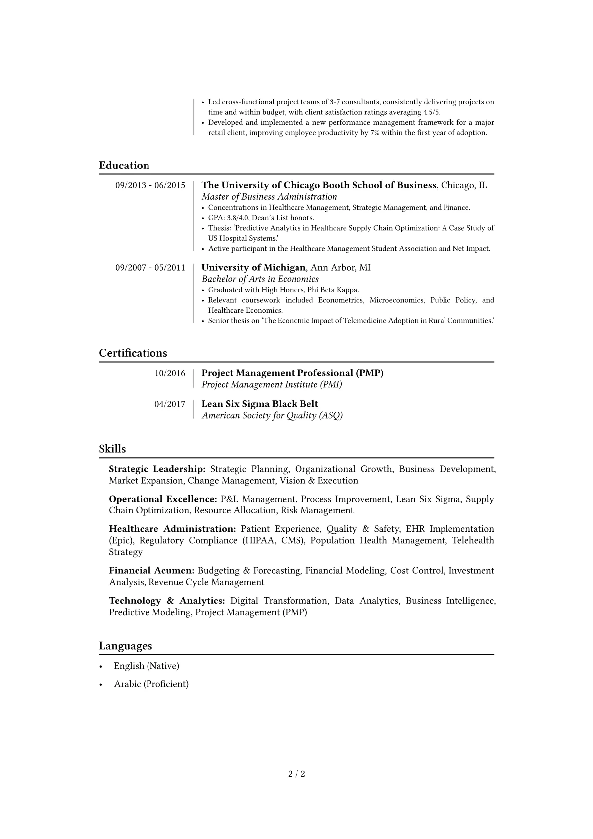 Healthcare Executive resume example, Career changer, page 2