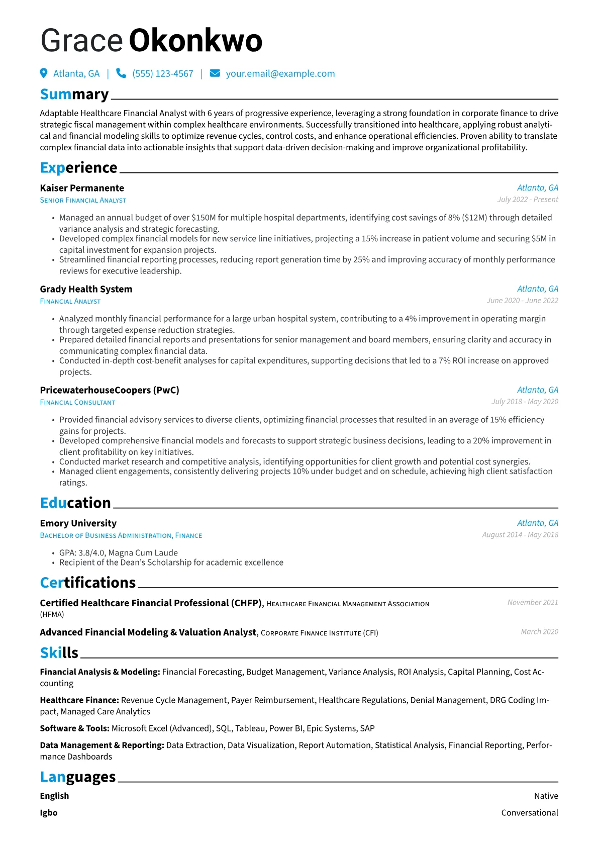 Healthcare Financial Analyst resume example, Career changer, page 1
