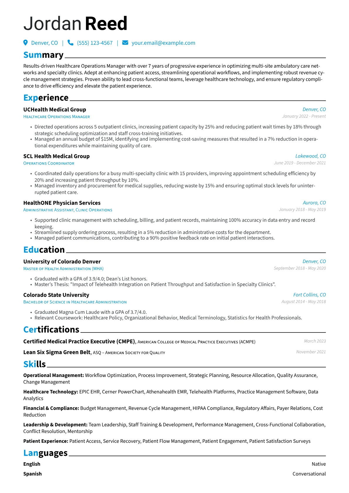 Healthcare Operations Manager resume example, Ambulatory Care Operations, page 1