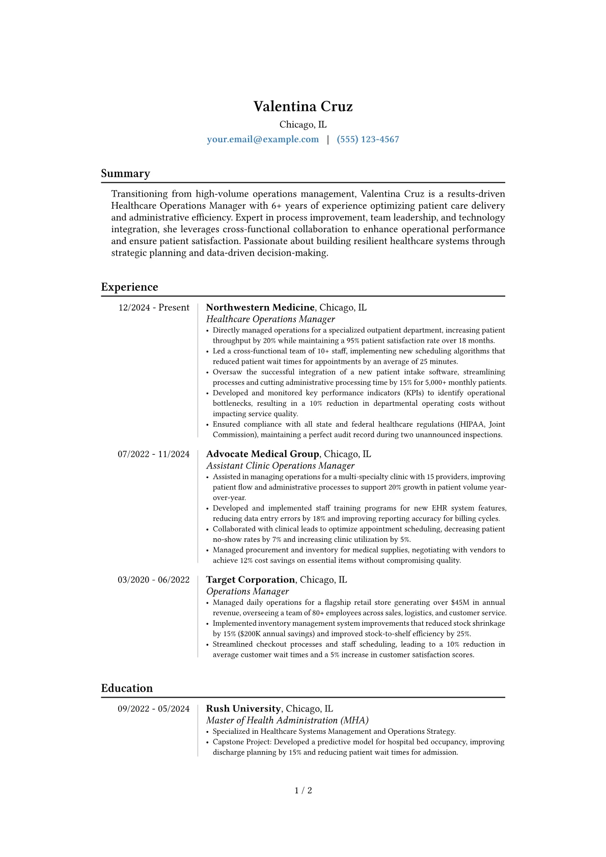 Healthcare Operations Manager resume example, Career changer, page 1