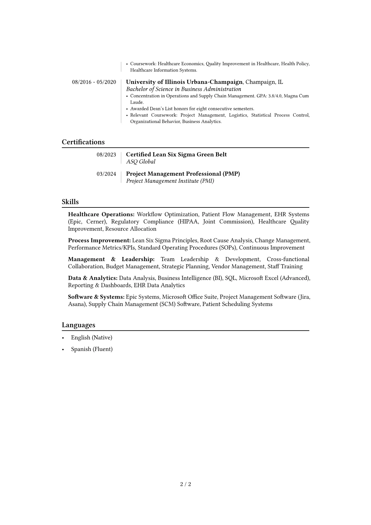 Healthcare Operations Manager resume example, Career changer, page 2