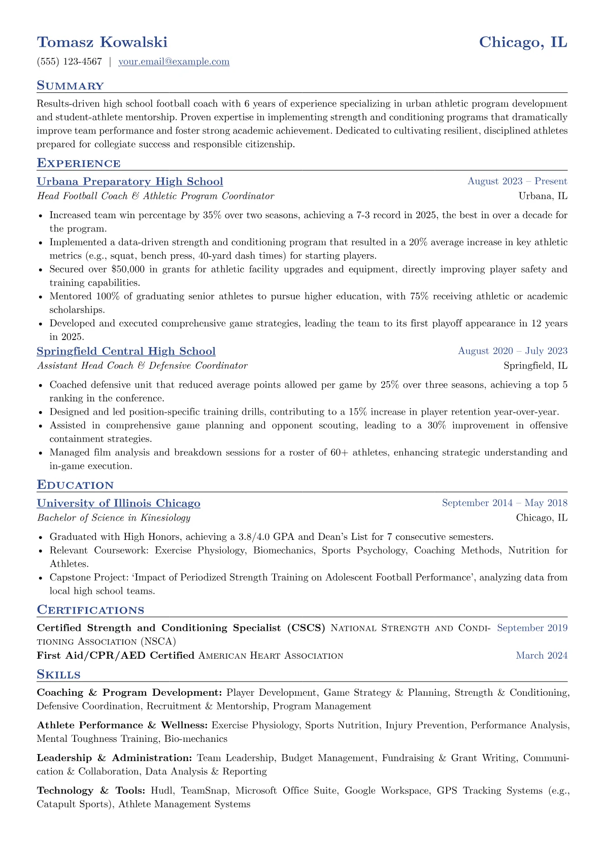 High School Football Coach resume example, High School Football Coach, page 1