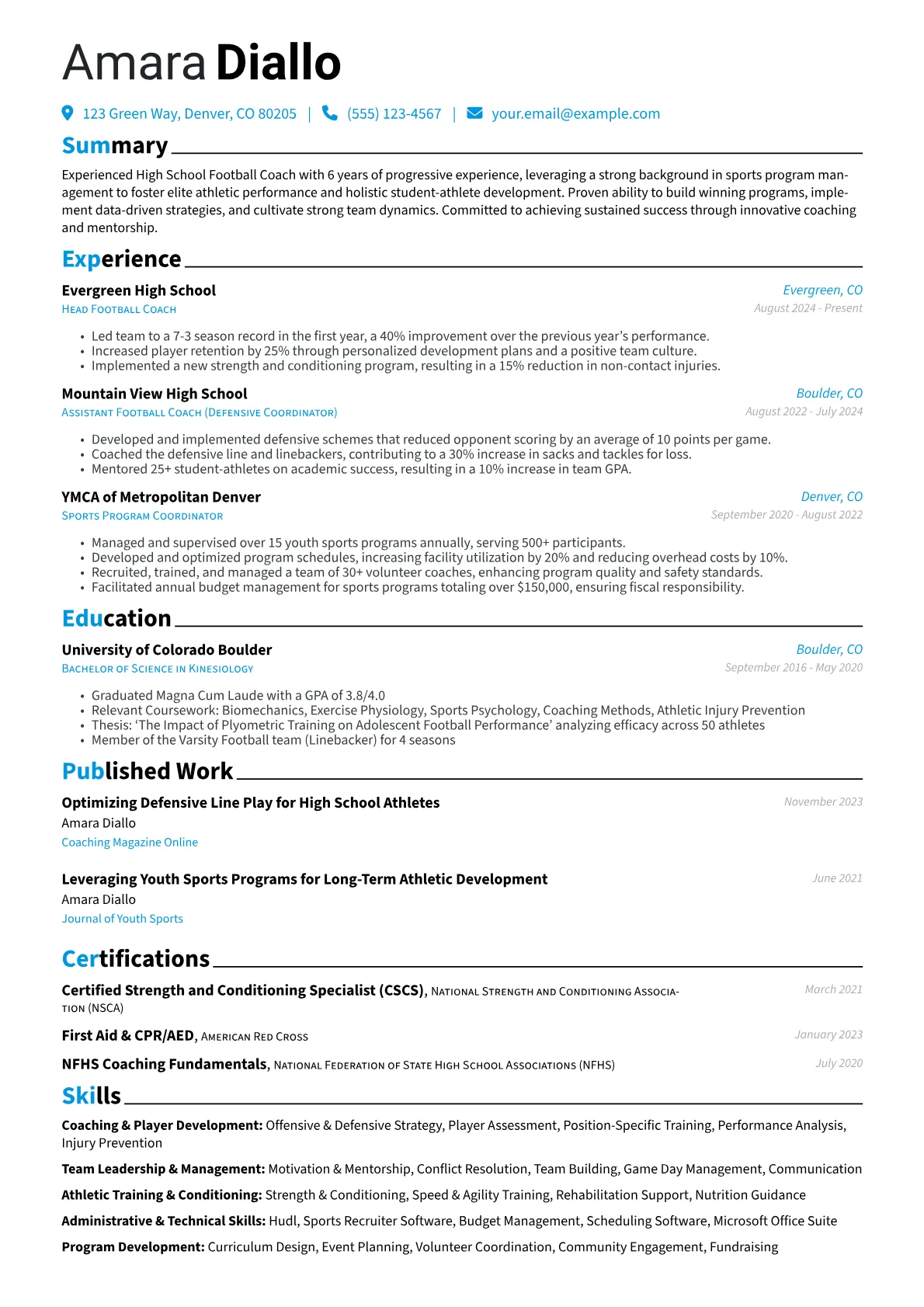 High School Football Coach resume example, Career changer, page 1