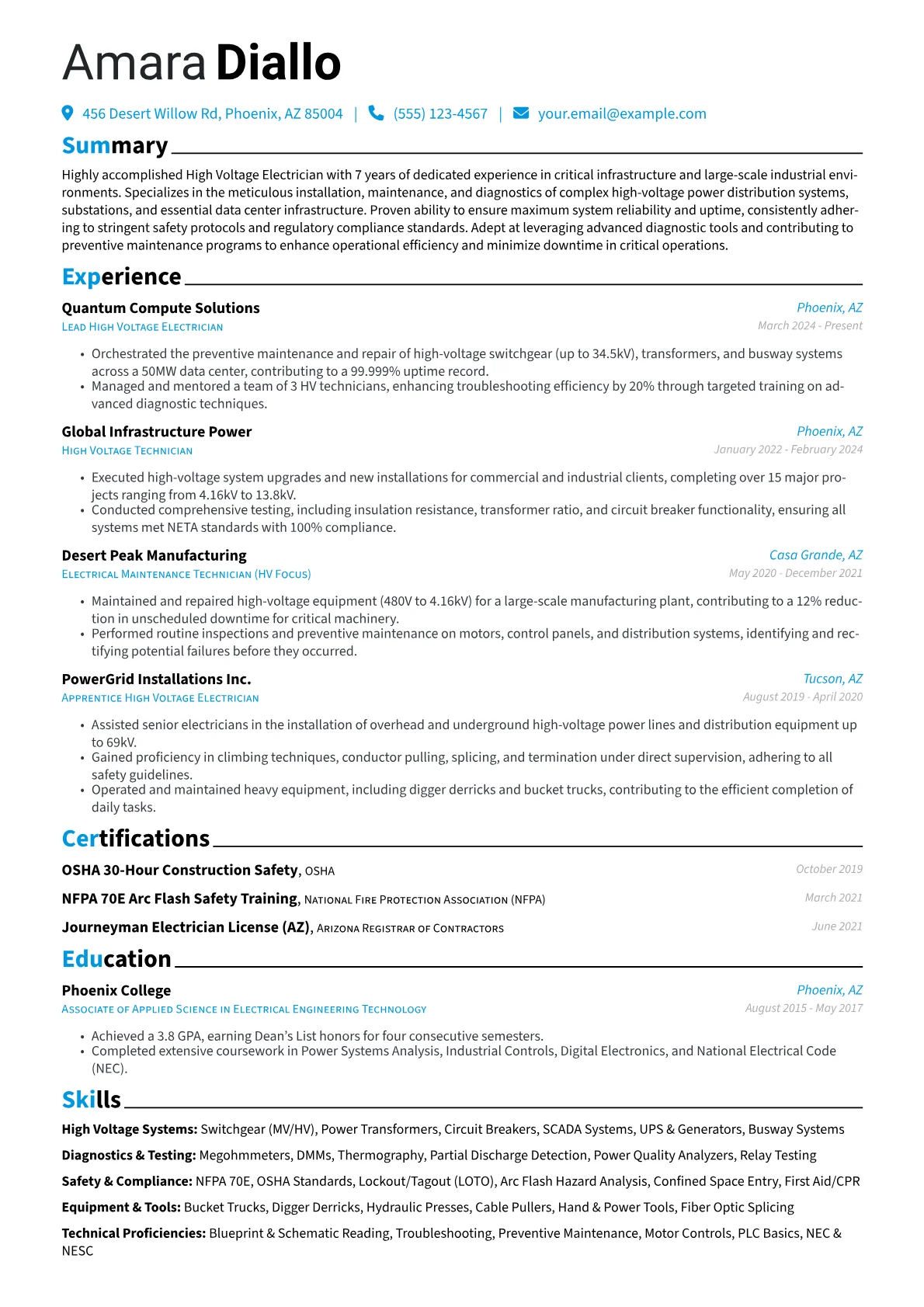 High Voltage Electrician resume example, High Voltage Electrician, page 1