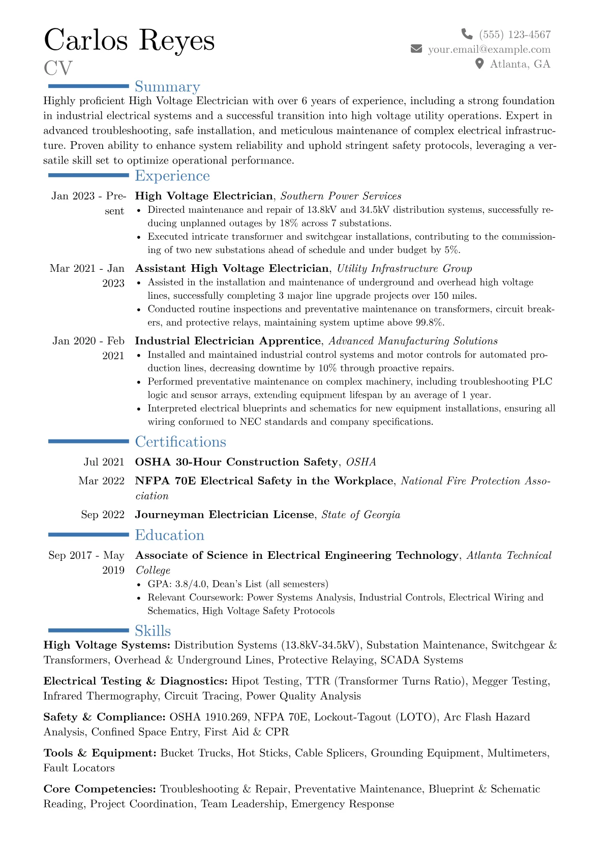High Voltage Electrician resume example, Career changer, page 1