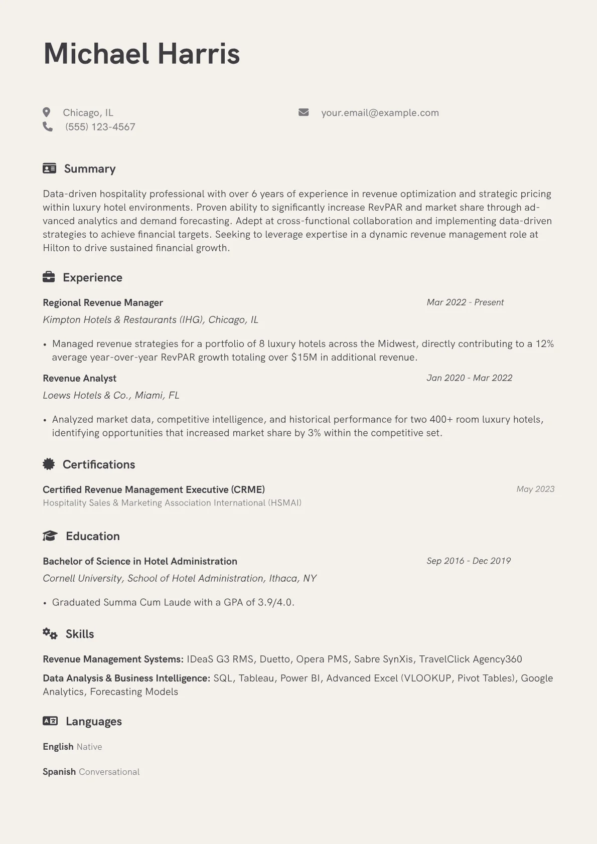 Hilton resume example, Revenue Management, page 1