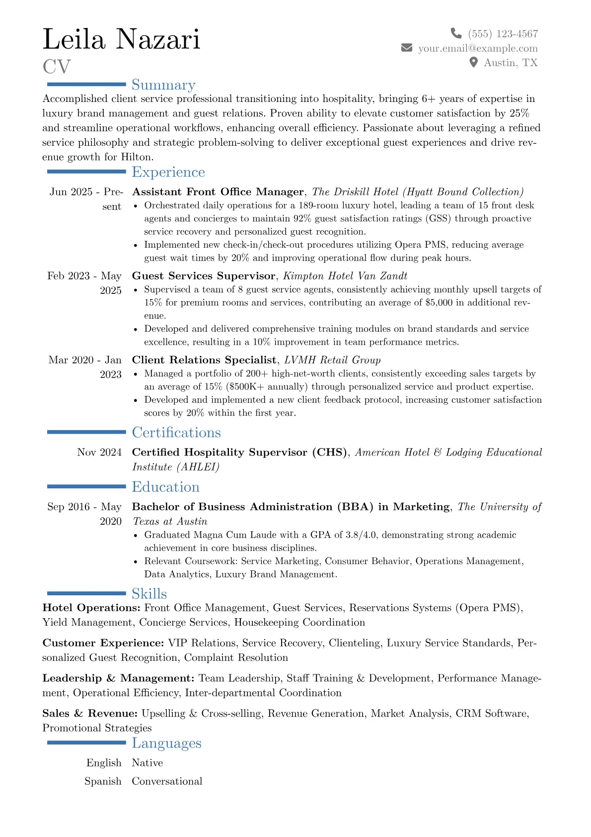 Hilton resume example, Career changer, page 1
