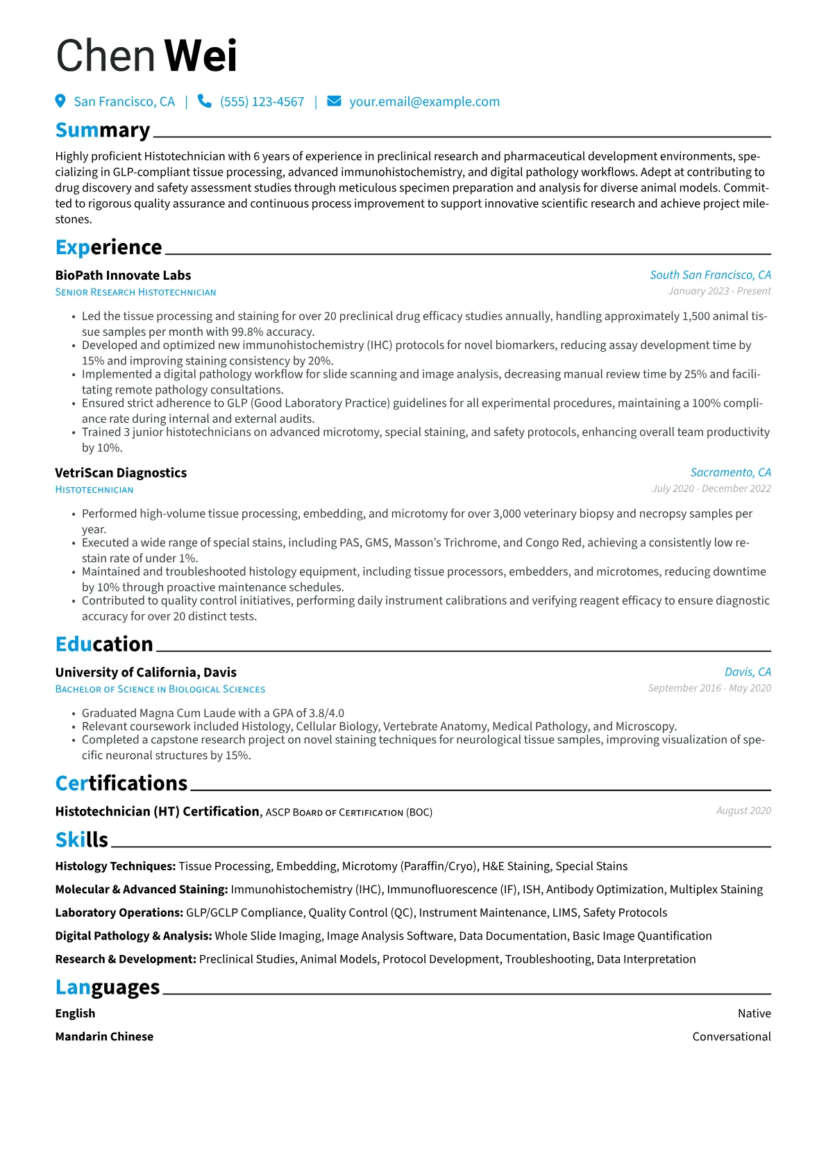 Histotechnician resume example, Histotechnician, page 1