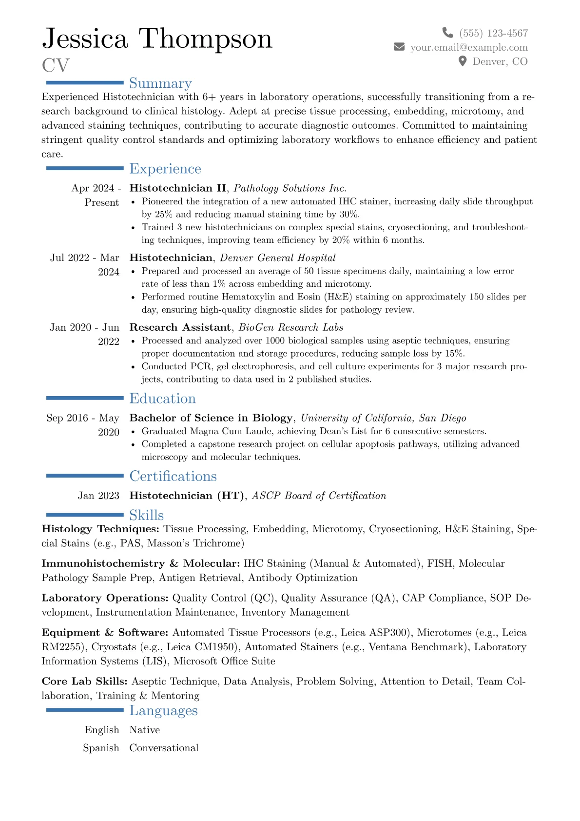 Histotechnician resume example, Career changer, page 1