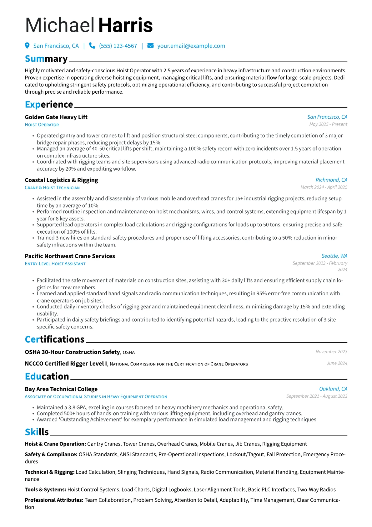 Hoist Operator resume example, Infrastructure & Heavy, page 1