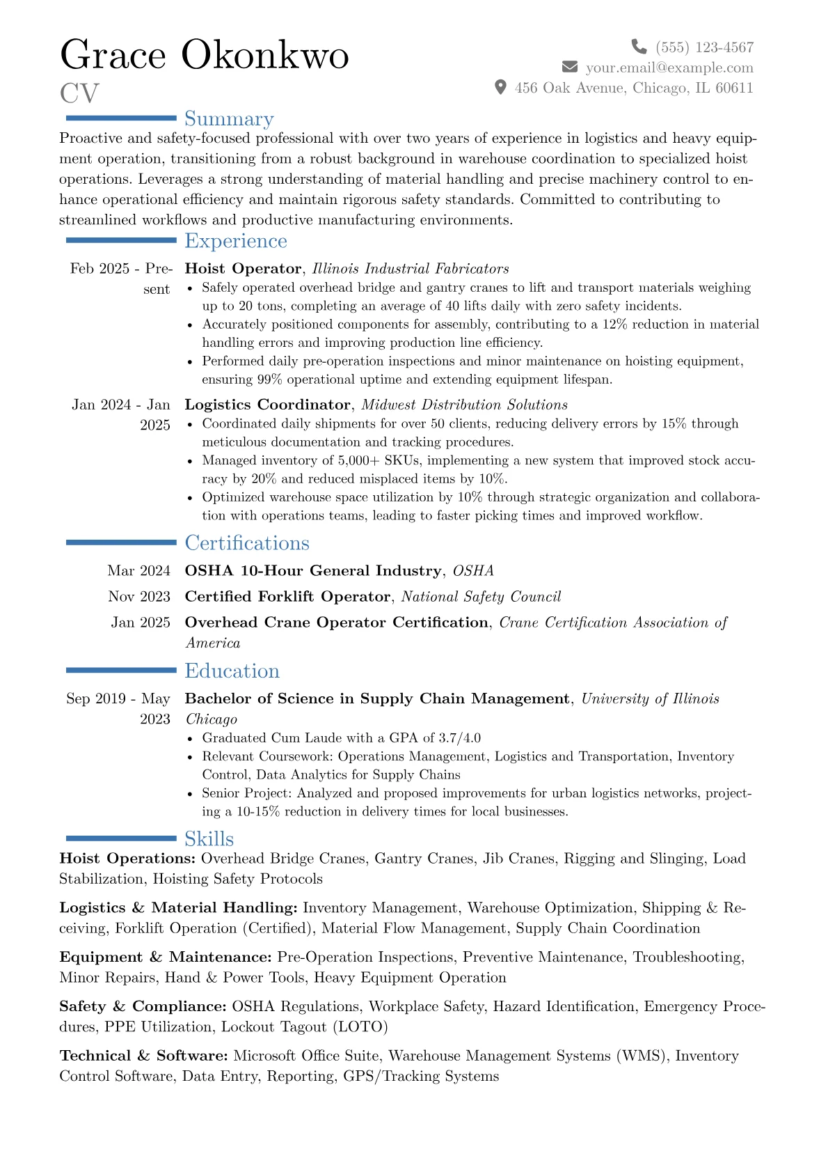 Hoist Operator resume example, Career changer, page 1
