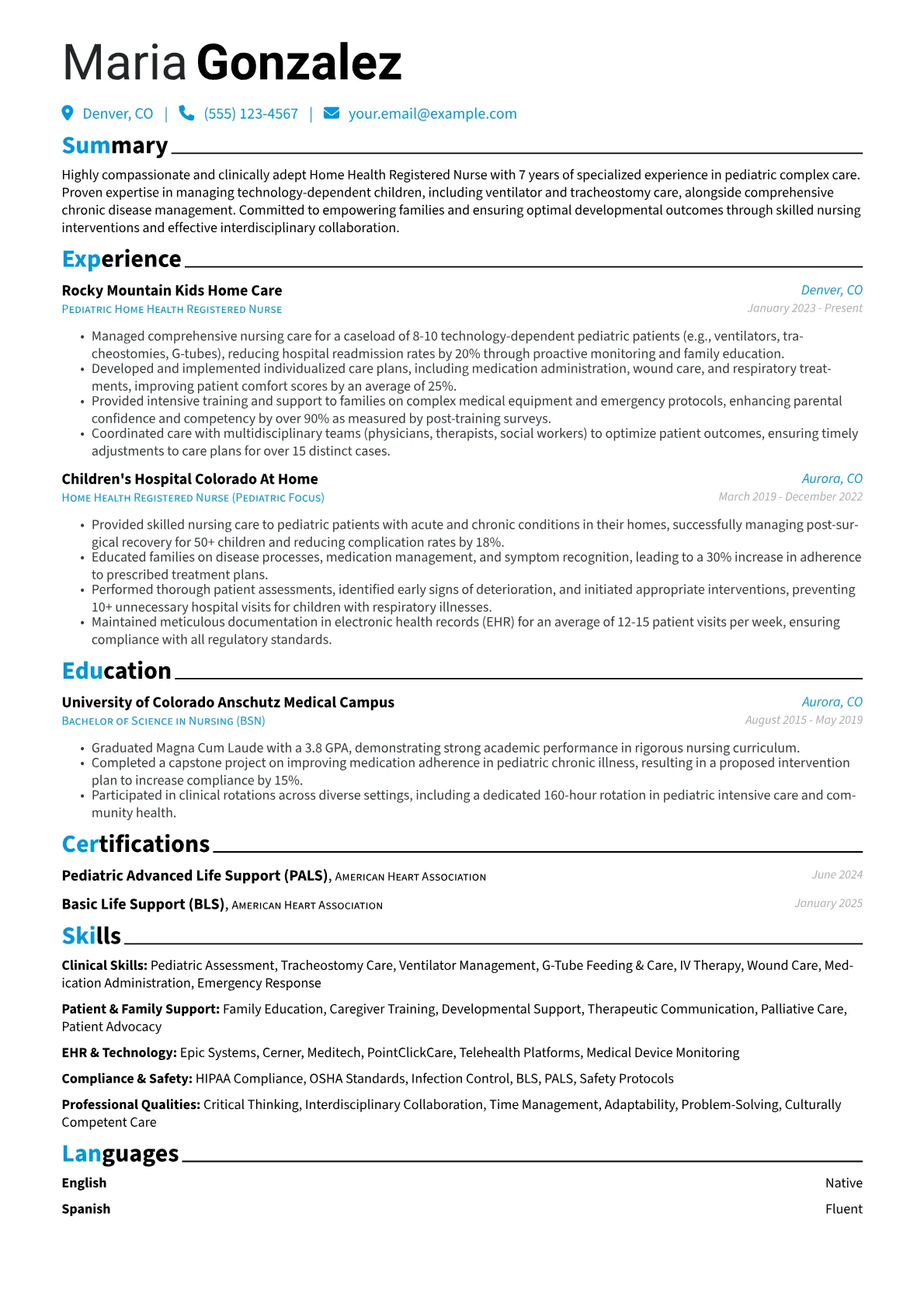 Home Health Registered Nurse resume example, Pediatric Complex Care RN, page 1