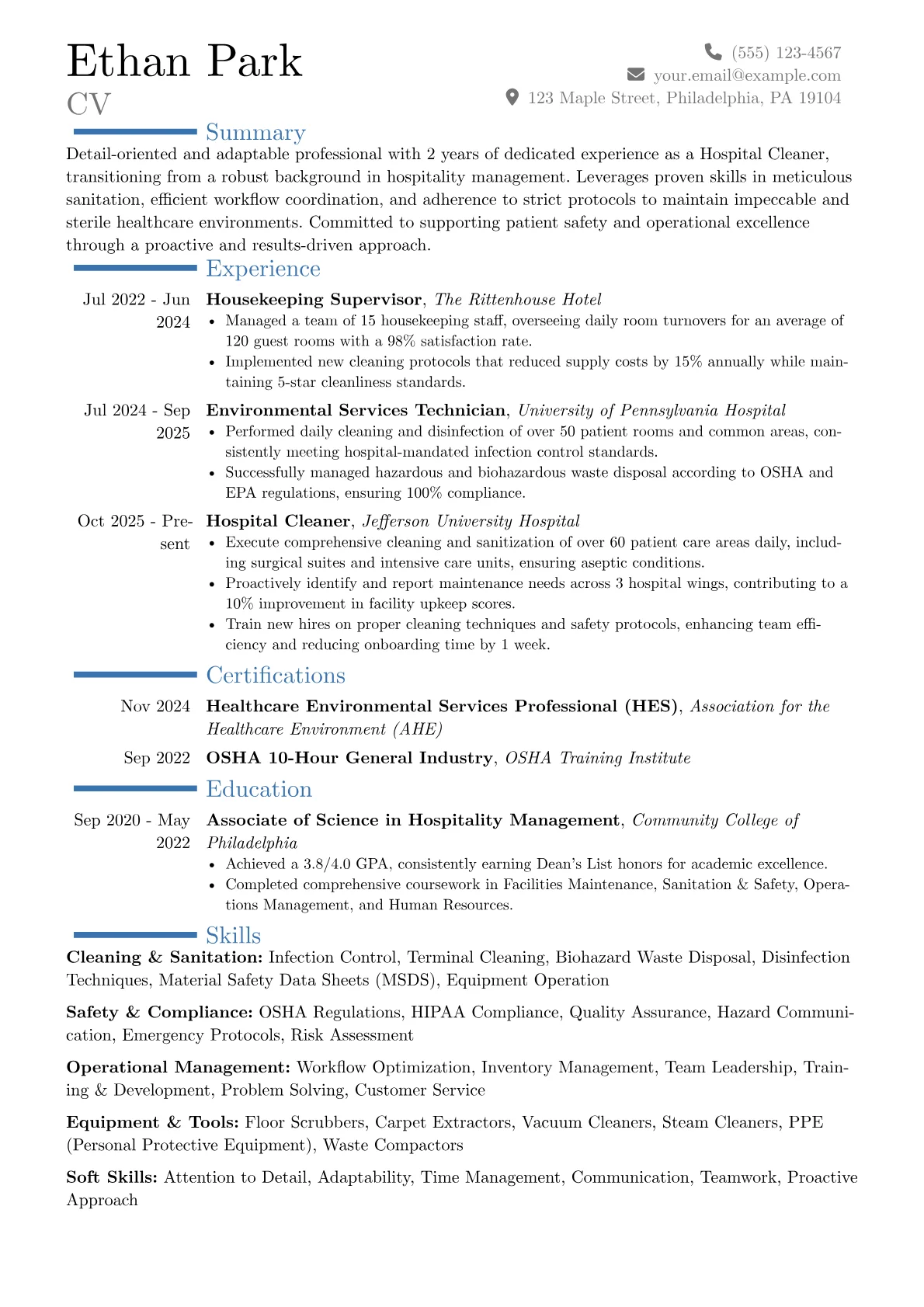 Hospital Cleaner resume example, Career changer, page 1