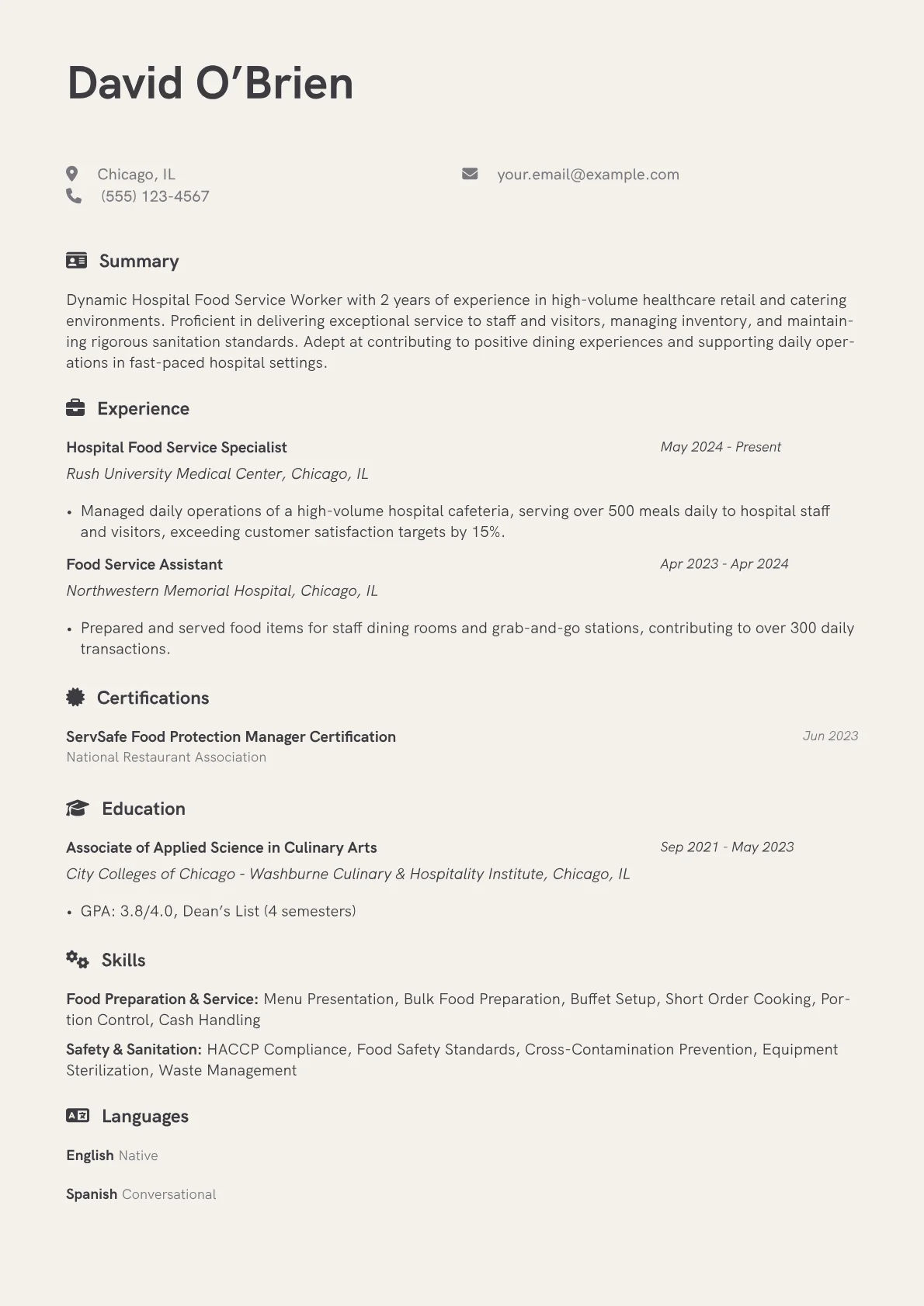 Hospital Food Service Worker resume example, Hospital Food Service, page 1