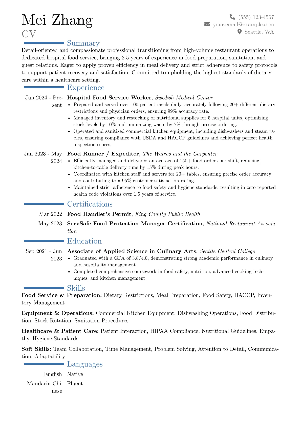 Hospital Food Service Worker resume example, Career changer, page 1