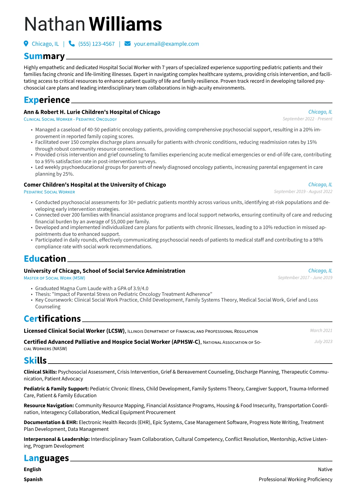 Hospital Social Worker resume example, Pediatric Oncology, page 1