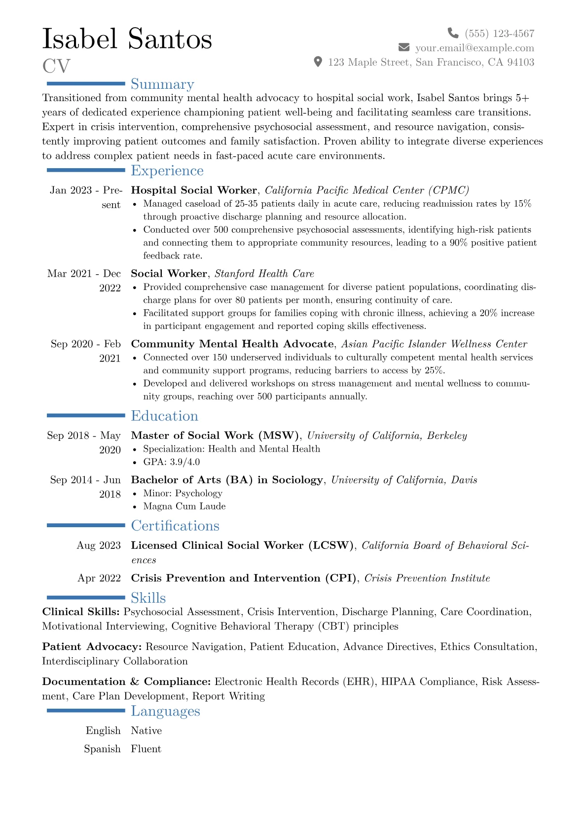 Hospital Social Worker resume example, Career changer, page 1