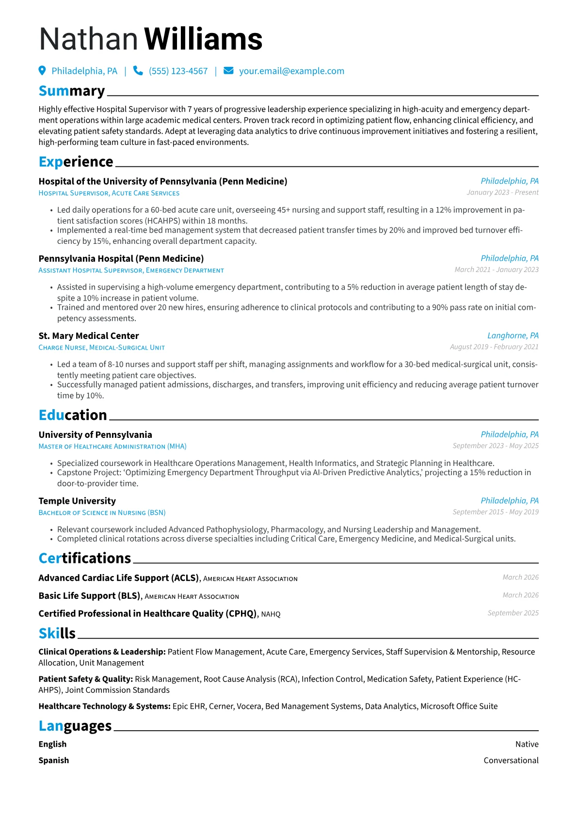 Hospital Supervisor resume example, Acute Care Operations, page 1
