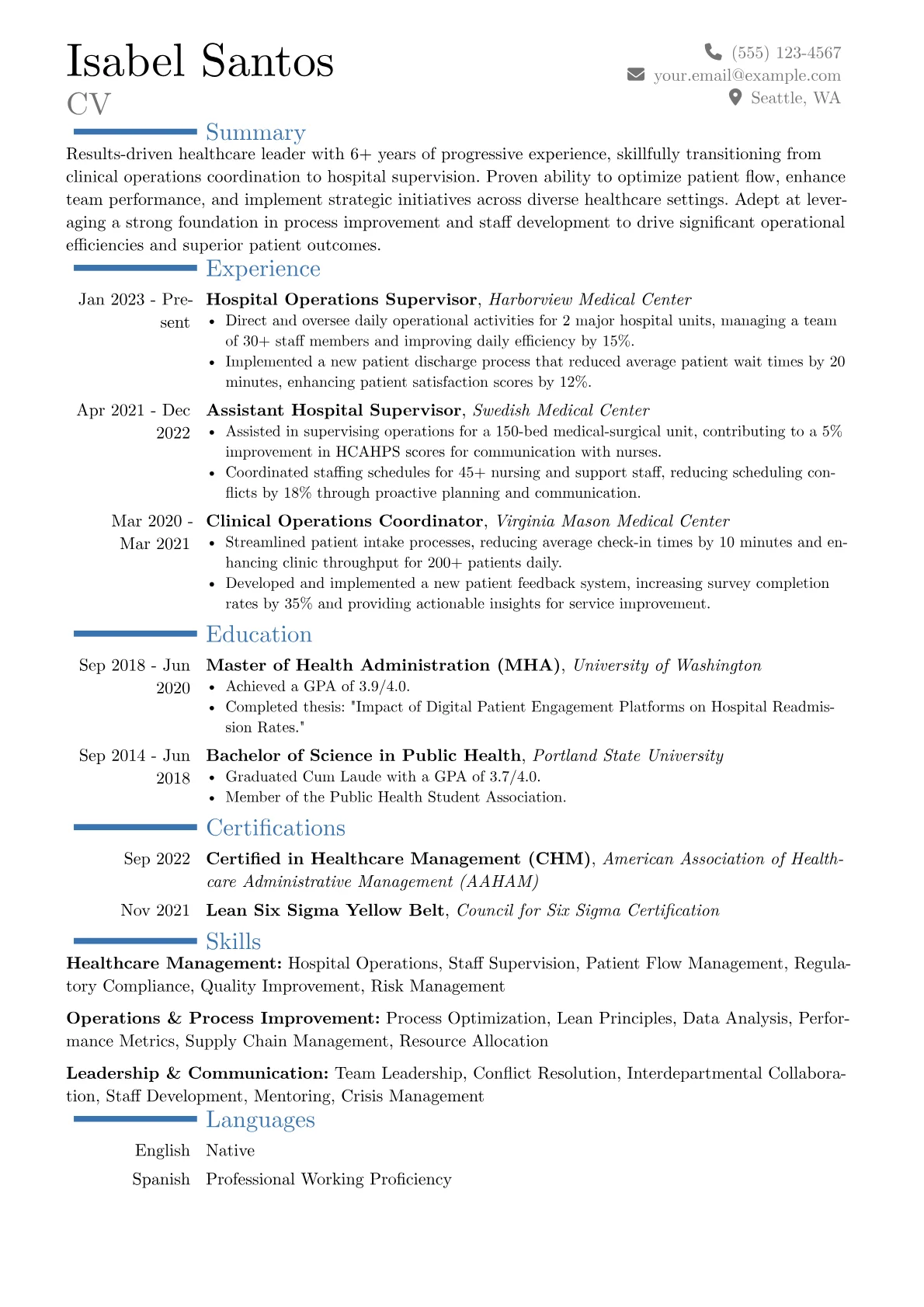 Hospital Supervisor resume example, Career changer, page 1