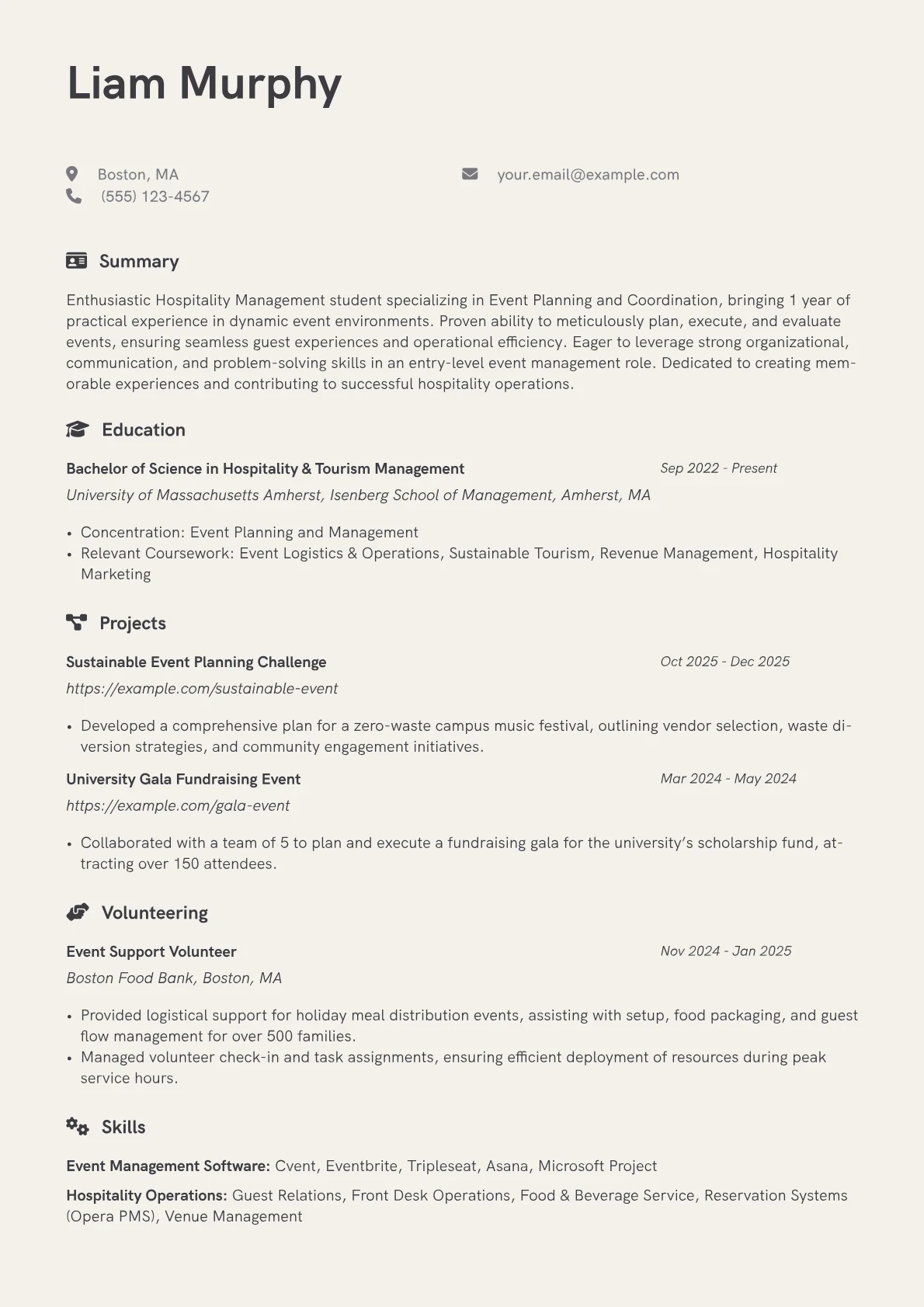 Hospitality Management Student resume example, Event Management Software, page 1