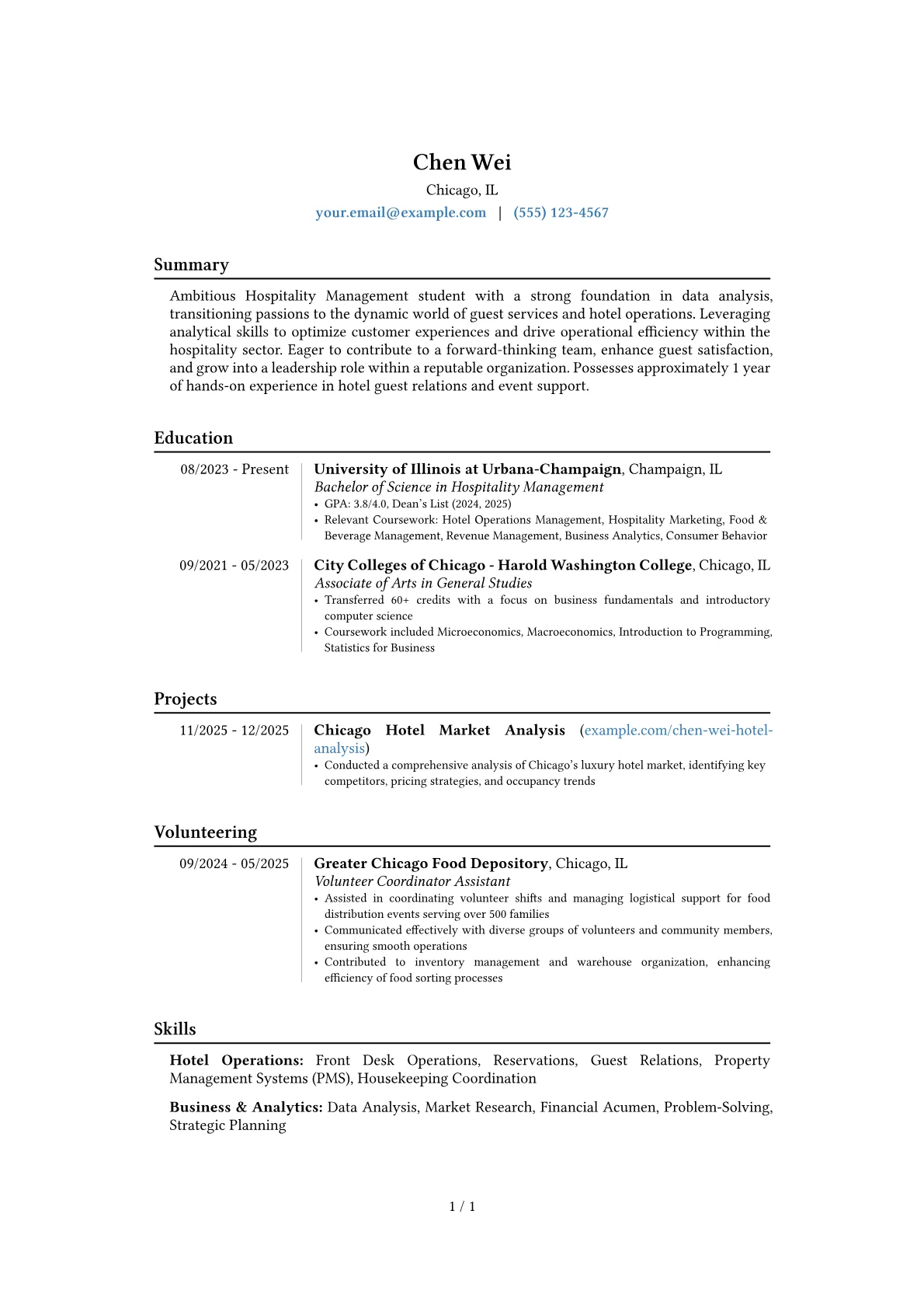 Hospitality Management Student resume example, Career changer, page 1