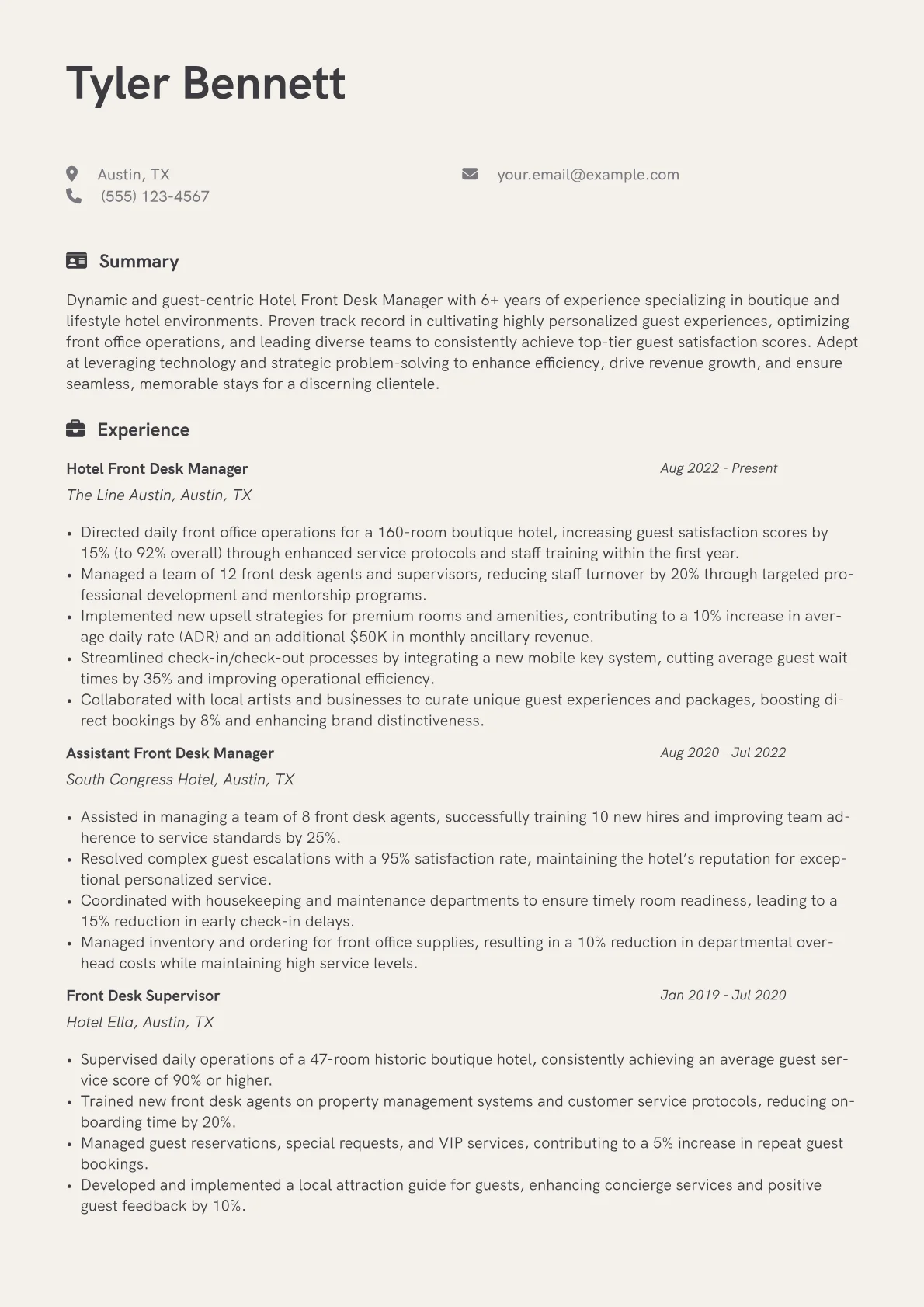 Hotel Front Desk Manager resume example, Boutique Hotel Focus, page 1