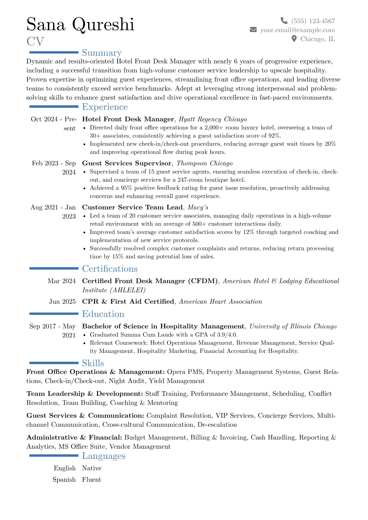 Hotel Front Desk Manager resume example, Career changer, page 1