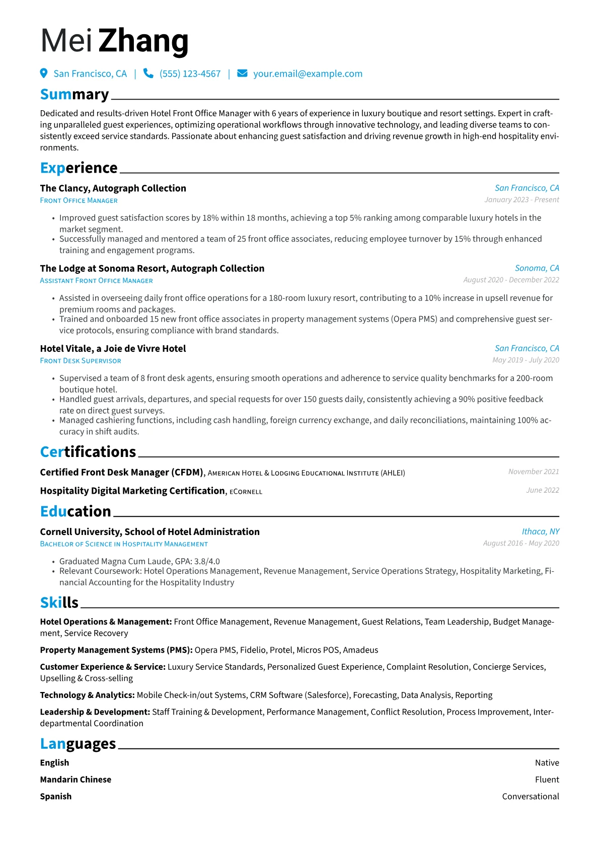 Hotel Front Office Manager resume example, Luxury Boutique & Resort, page 1