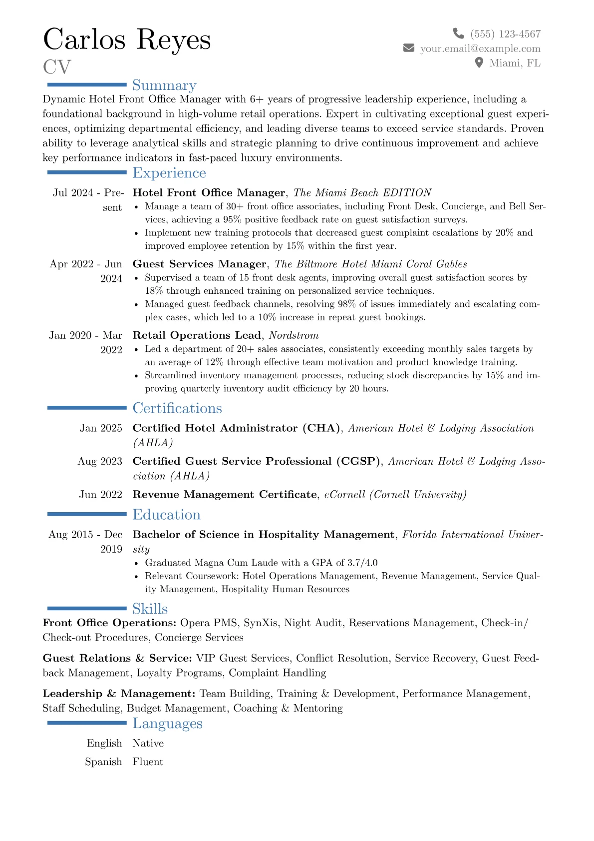 Hotel Front Office Manager resume example, Career changer, page 1
